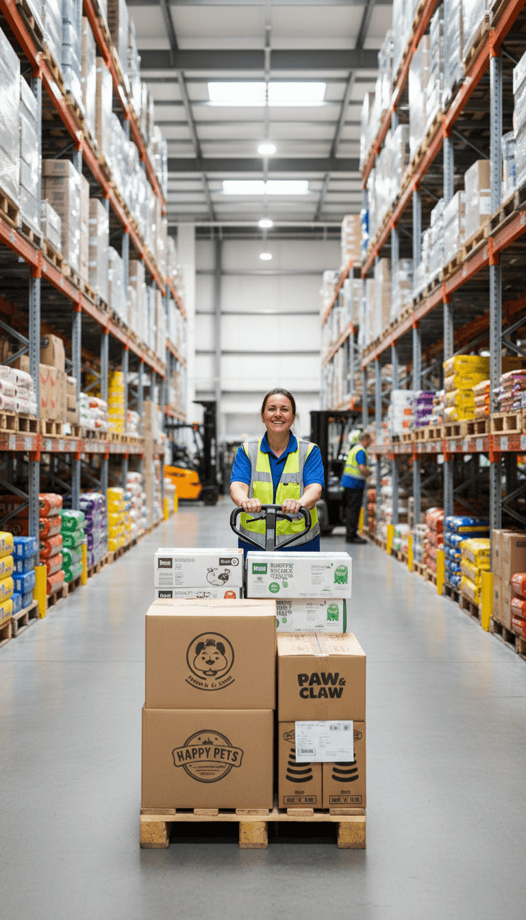 Wholesale pet supply boxes stacked in a bright distribution center