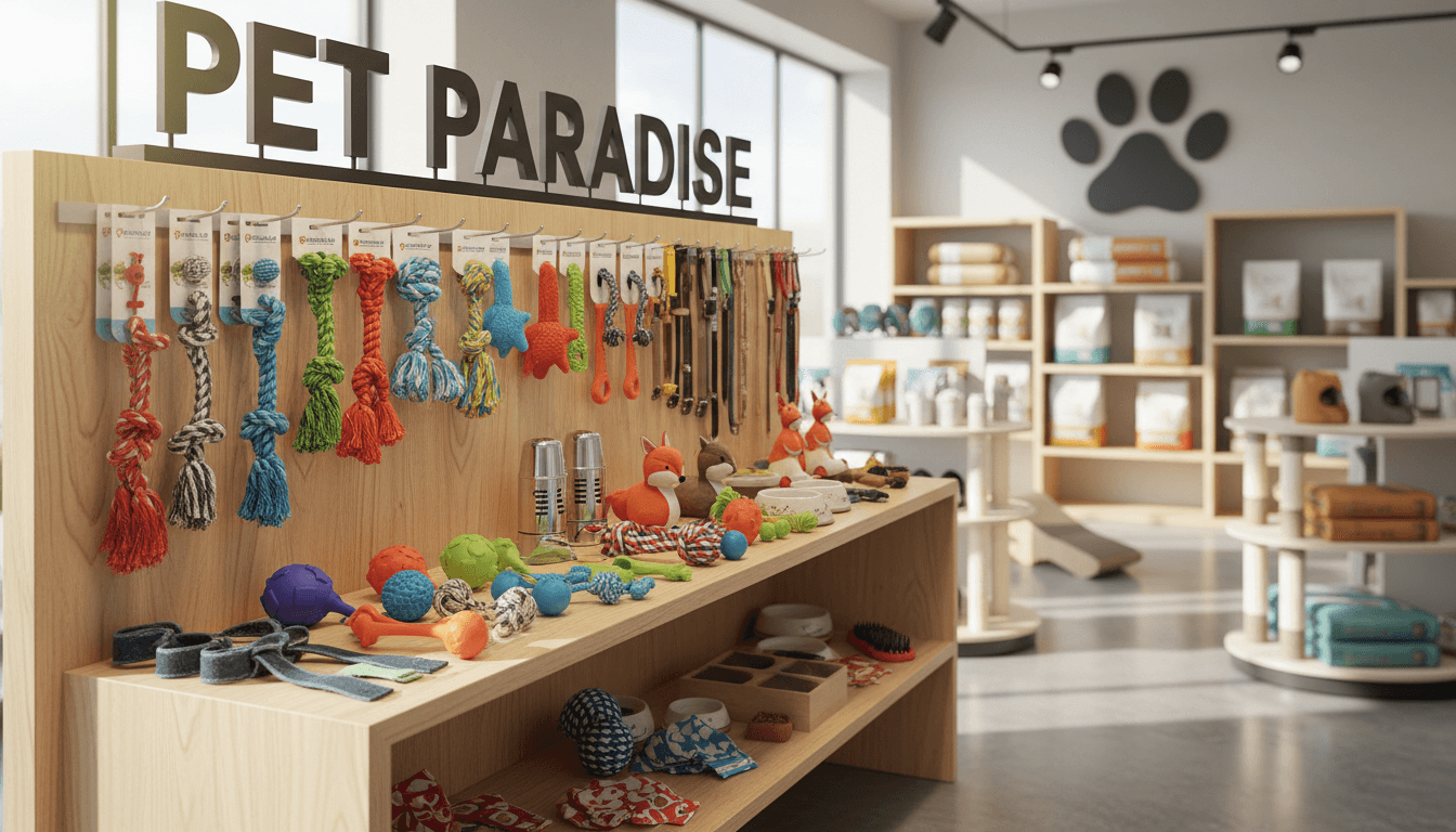 Shelves stocked with dog food bags, toys, and pet accessories in a clean retail store