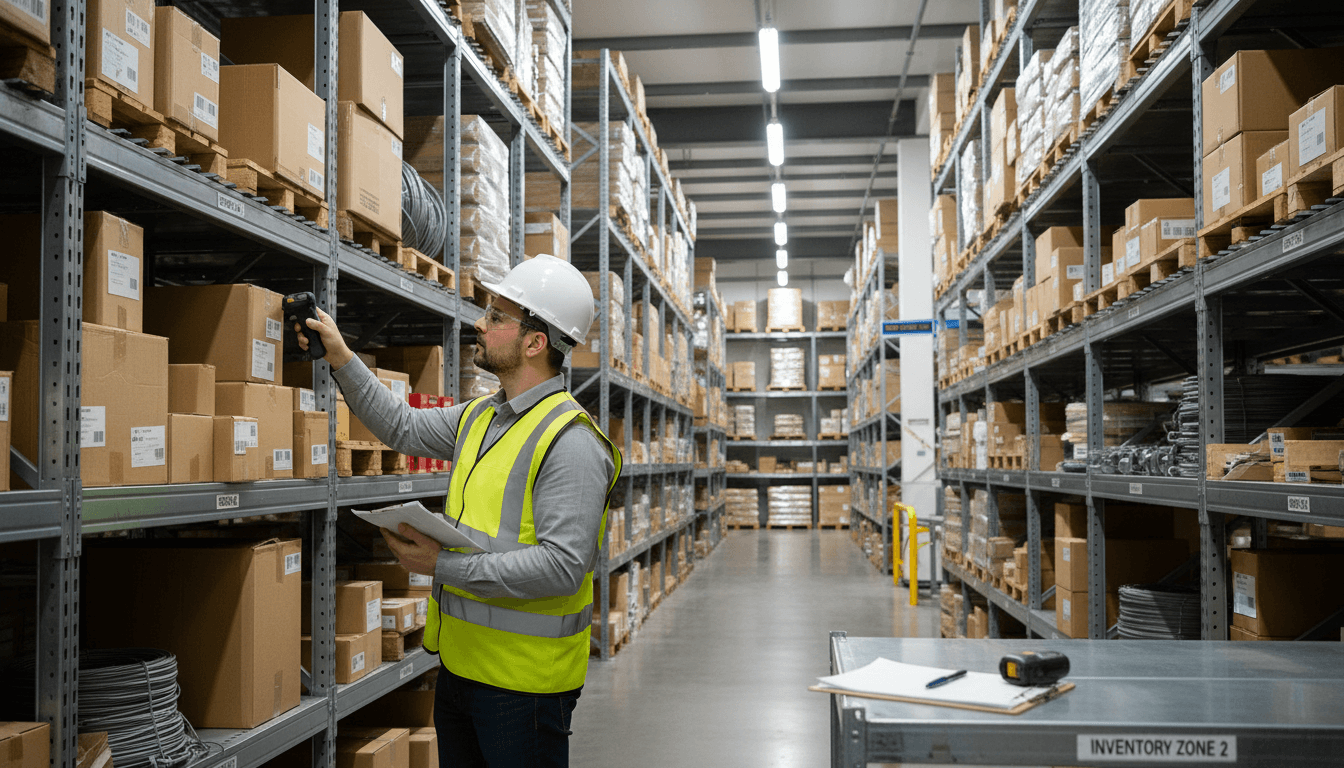 Worker checking inventory on a clipboard in a bright Toronto wholesale warehouse
