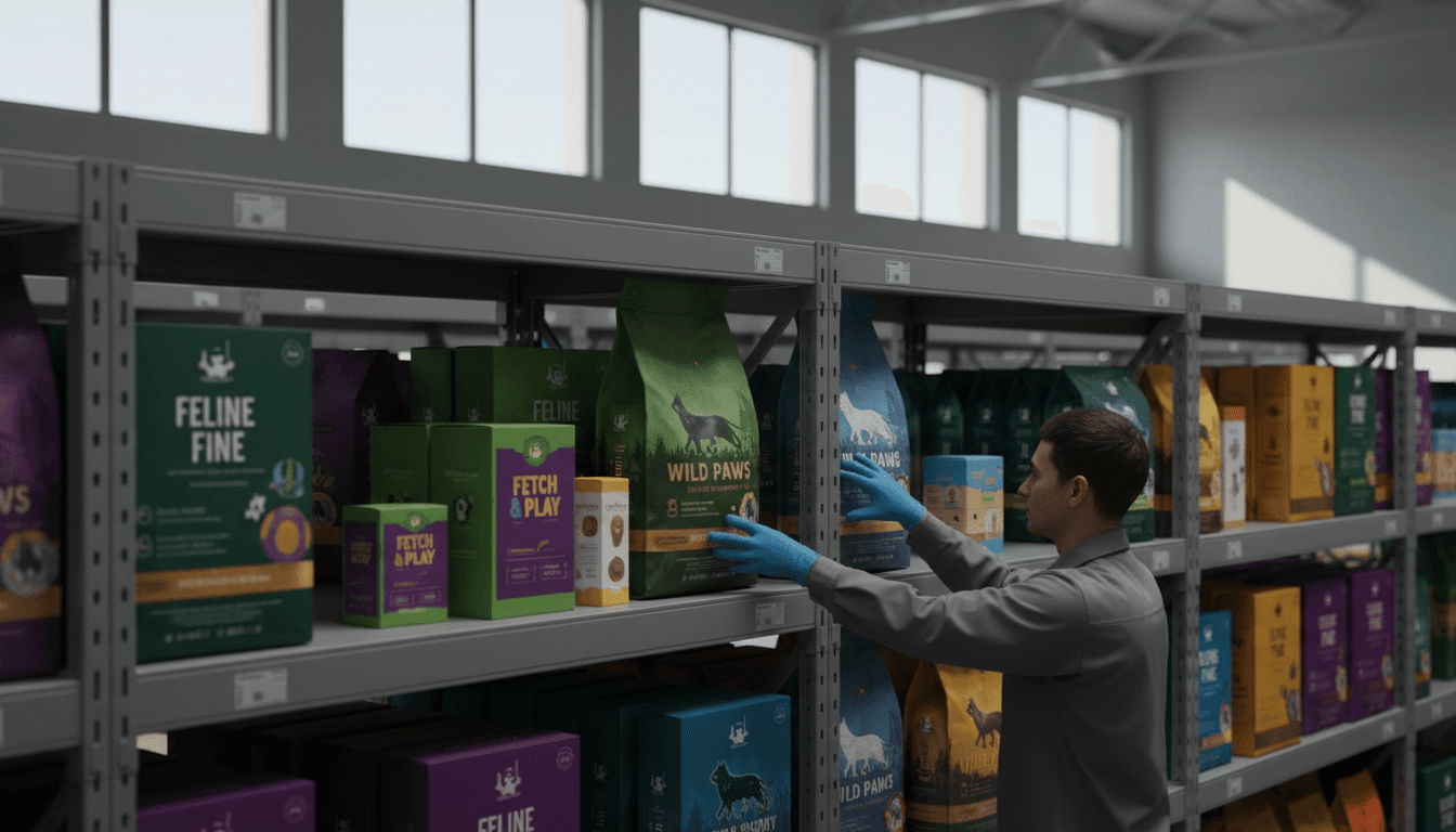 Wholesale warehouse shelves stocked with pet products